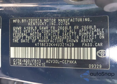 2004 Toyota Camry Le из США, поврежденный, VIN 4T1BE32K44U321429